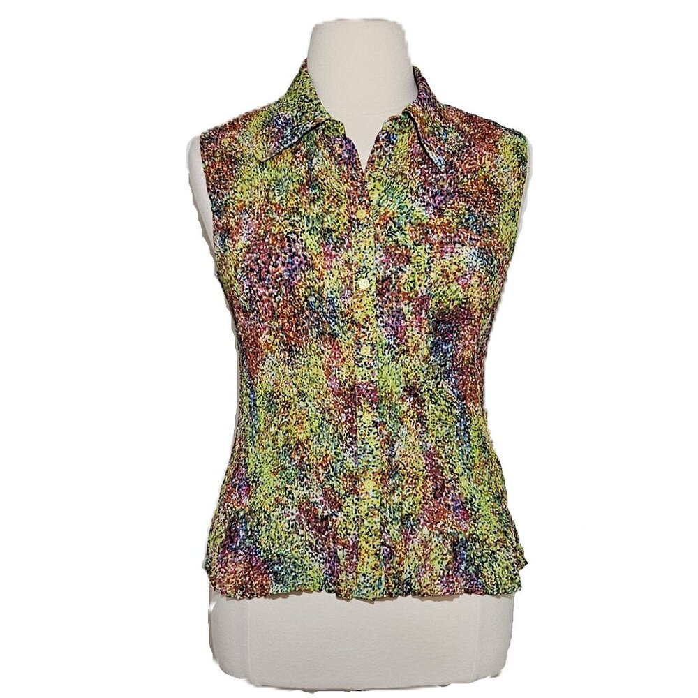 Woman’s Essentials by Milano Colorful Sleeveless Button Down Blouse 1X Like New!